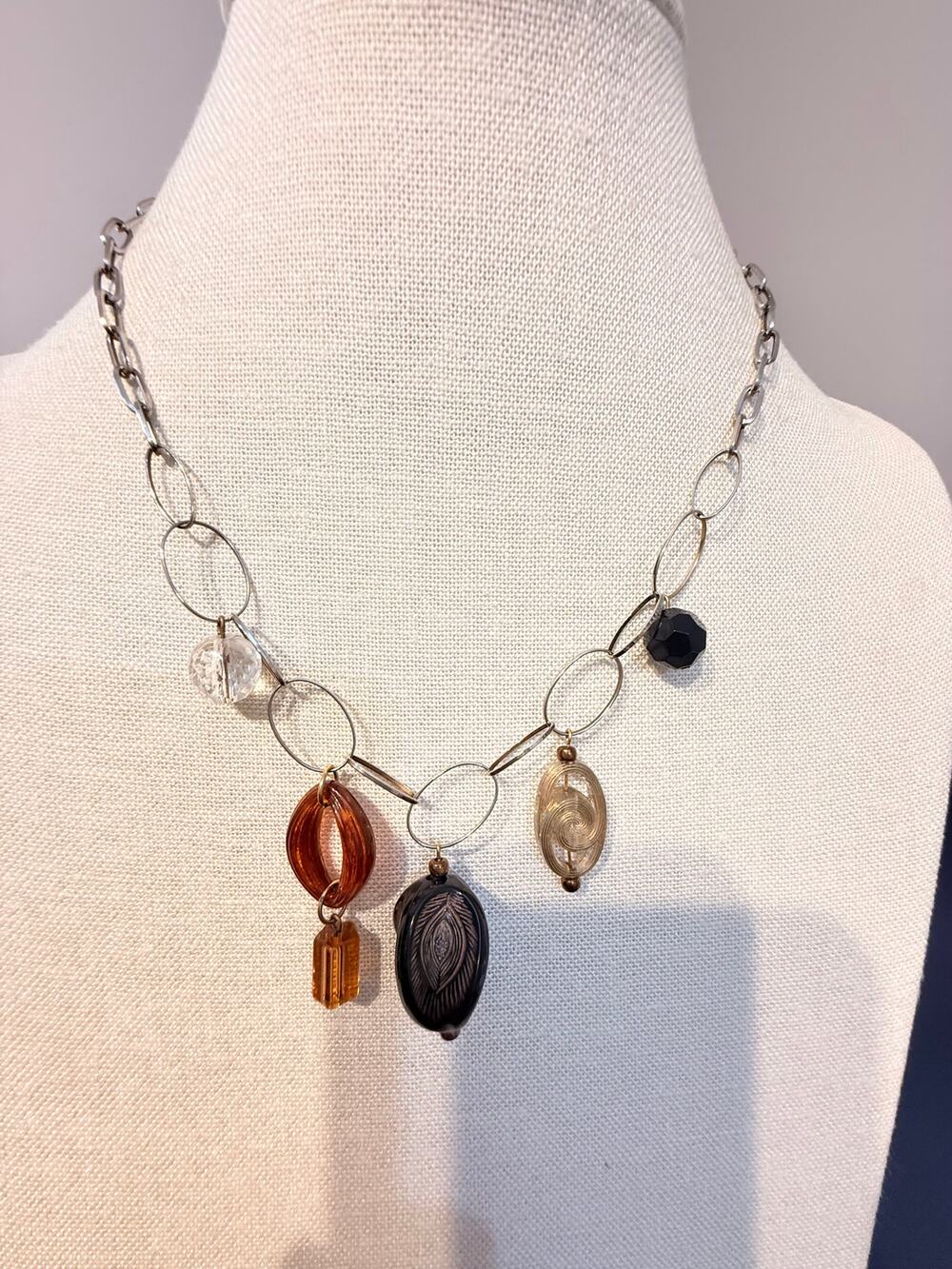 Vintage Art Glass Bead Dangle Silver Tone Necklace